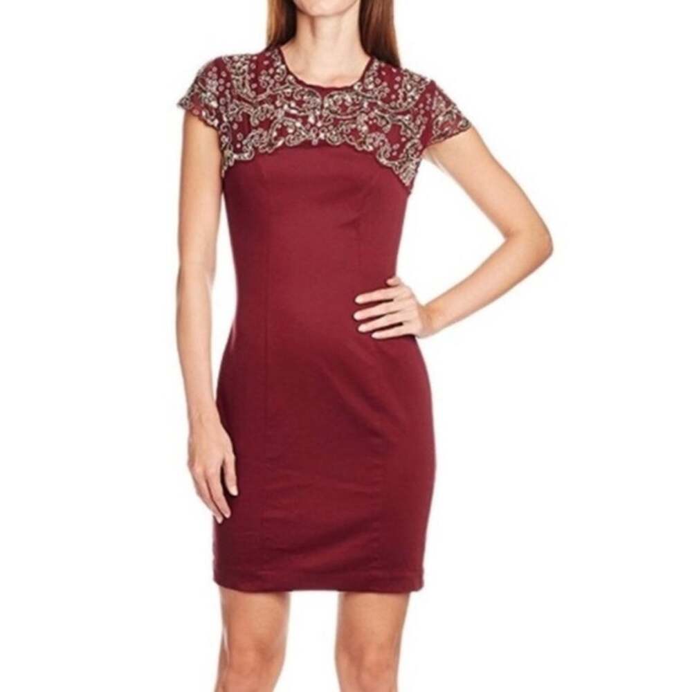 French Connection Aspen Sequin Sheath Dress Burgundy Biker Berry Size 6